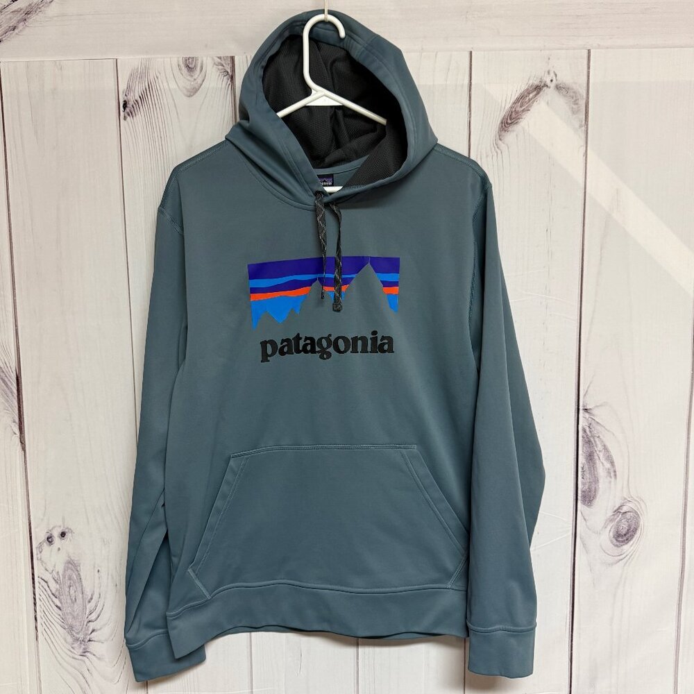 Patagonia Men’s Shop Sticker‎ PolyCycle Hoody Medium Blue EUC